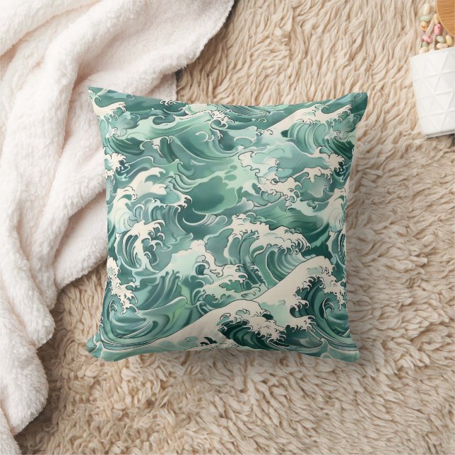 Aqua Japanese Ocean Waves Sea Pattern Cushion (Blanket)