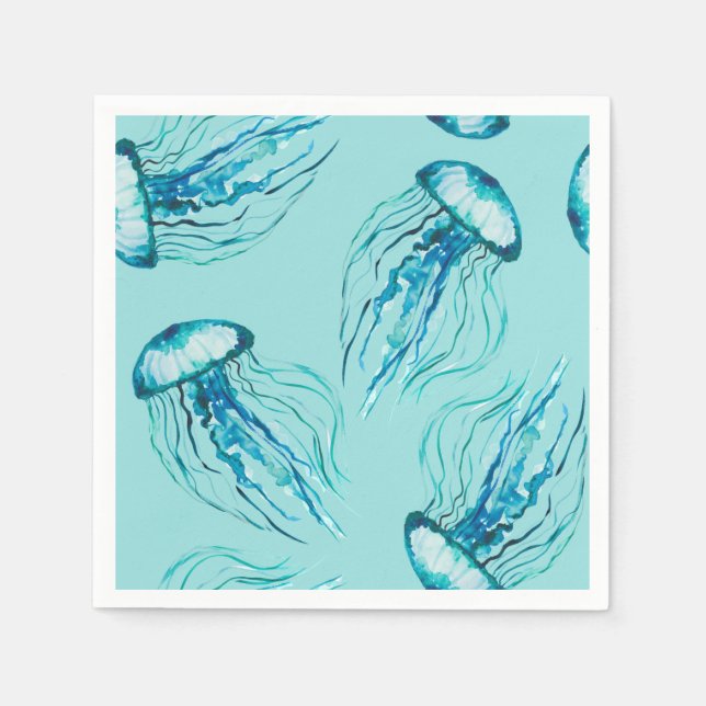 Aqua Jellyfish Watercolor Pattern Napkin (Front)