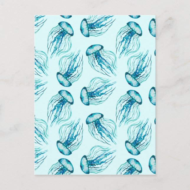 Aqua Jellyfish Watercolor Pattern Postcard (Front)