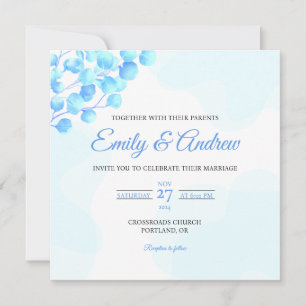 Aqua Leaf Watercolor Floral Square Wedding Invitation