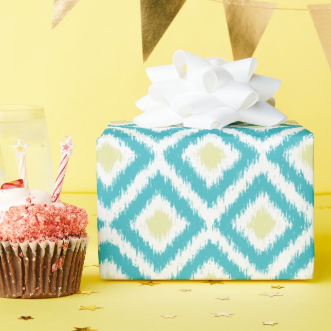 Aqua Lemon Diamonds Ikat Pattern Wrapping Paper (Birthday Party)