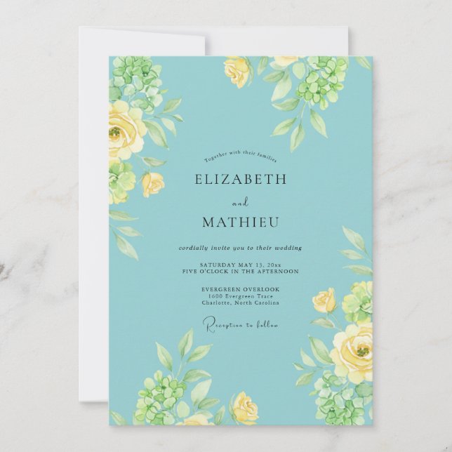 Aqua Lemon Leafy Wedding Invitation (Front)