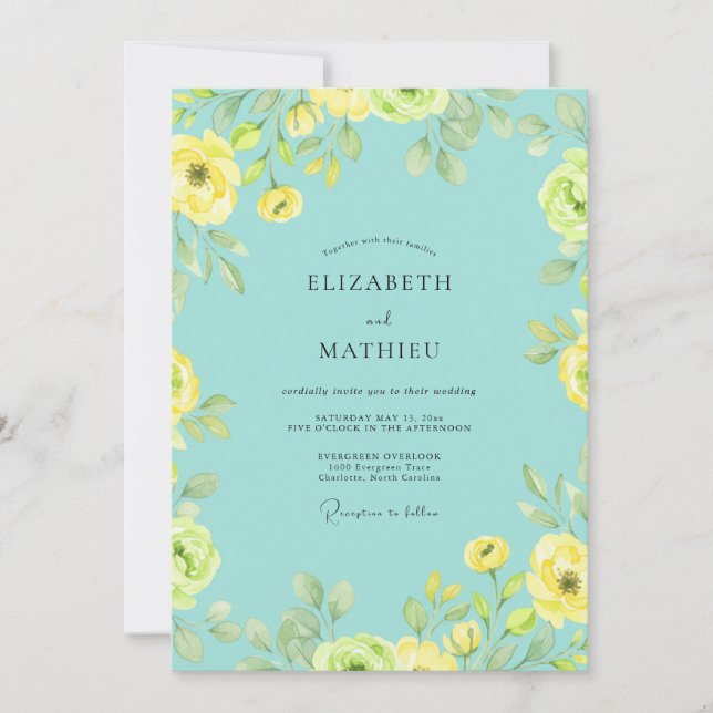 Aqua Lemon Ranunculus Eucalyptus Wedding Invitation (Front)