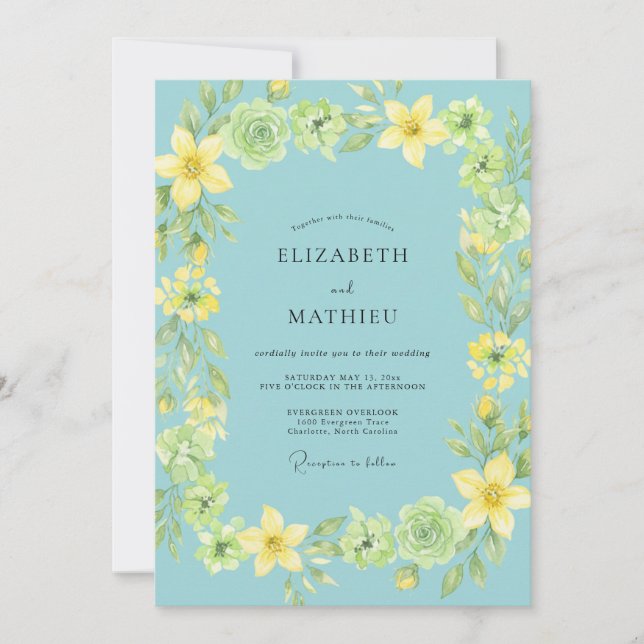 Aqua Lemon Wreath Wedding Invitation (Front)