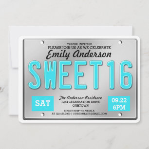 Aqua License Plate Sweet 16 Party Invitations