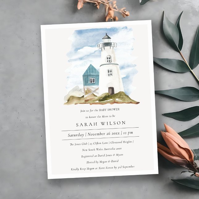 Aqua Lighthouse Mountains Baby Shower Invite (Creator Uploaded)