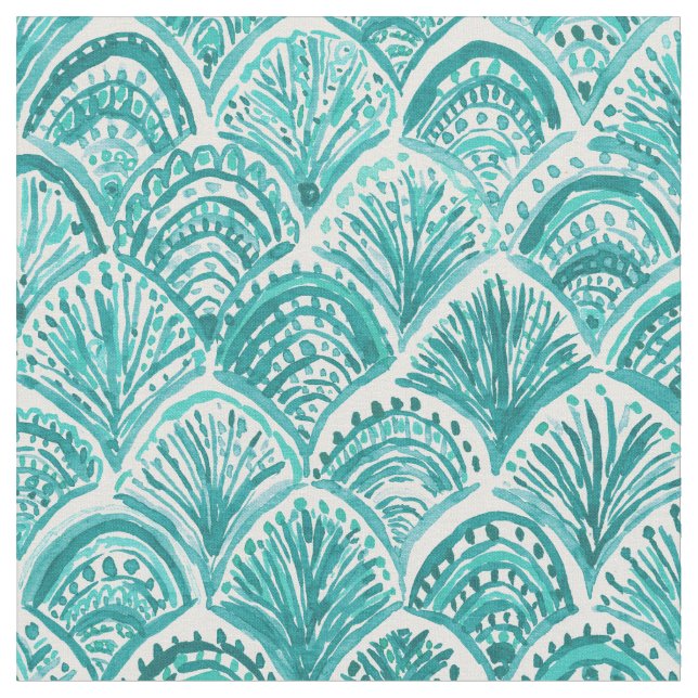 Aqua LIKE A MERMAID Nautical Fish Scales Pattern Fabric (Close Up)