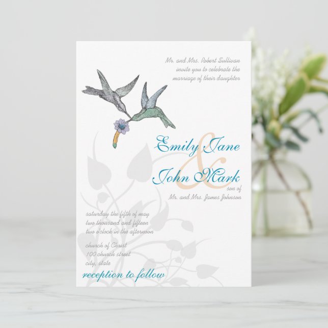 Aqua Lilac Coral Hummingbirds Wedding Invitation (Standing Front)