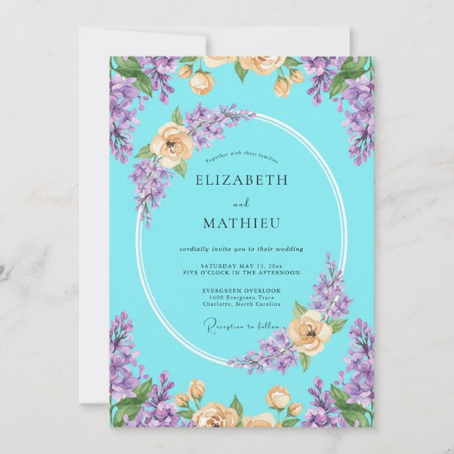 Aqua Lilac Peach Eucalyptus Wedding Invitation (Front)
