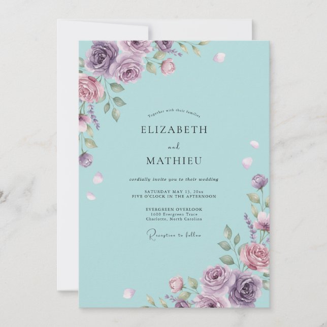 Aqua Lilac Petal Wedding Invitation (Front)