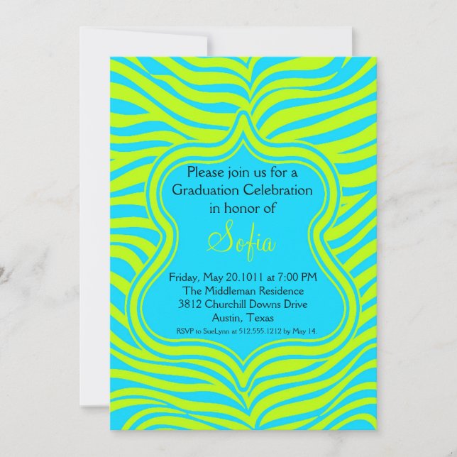 Aqua & Lime Green Zebra Graduation Invitation (Front)