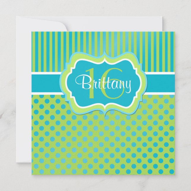 Aqua, Lime Polka Dot Sixteenth Birthday Invitation (Front)