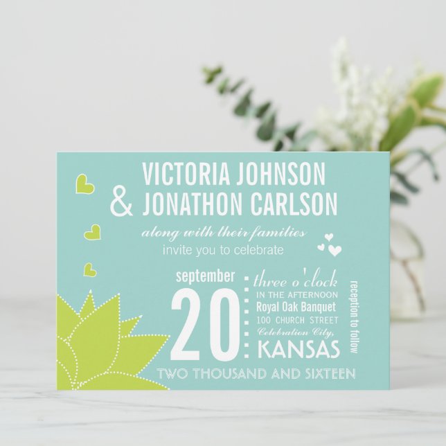 Aqua Lime Succulent ModernTypography Wedding Invitation (Standing Front)