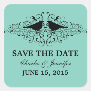 Aqua Love Bird Swirls Save the Date Stickers