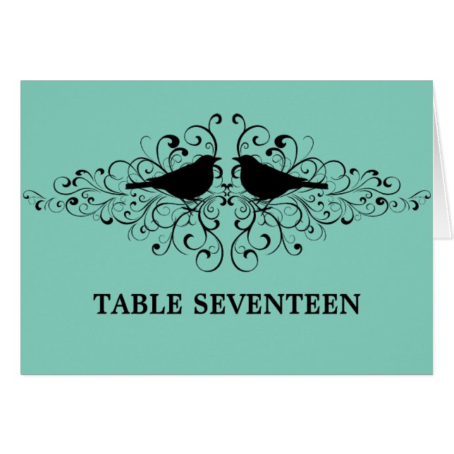 Aqua Love Bird Swirls Table Number Card (Front Horizontal)