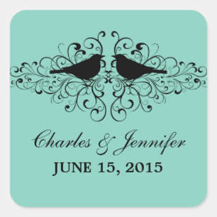 Aqua Love Bird Swirls Wedding Stickers