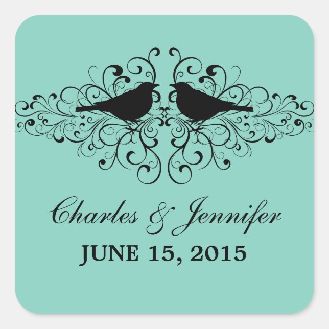 Aqua Love Bird Swirls Wedding Stickers (Front)