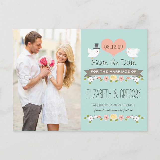 AQUA LOVE BIRDS DOVE SAVE THE DATE ANNOUNCEMENT POSTCARD (Front)