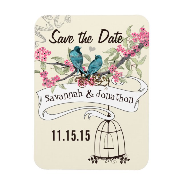 Aqua Love Birds Pink Cherry Blossom Save the Date Magnet (Vertical)