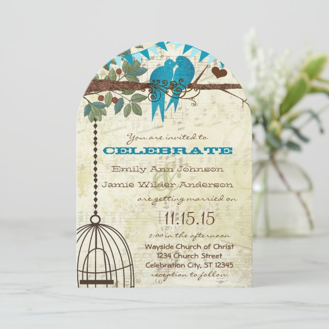 Aqua Love Birds Sitting In a Tree Wedding Invite (Standing Front)
