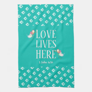 Aqua   LOVE LIVES HERE   Stylish Customisable Tea Towel