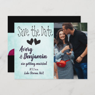 Aqua, Magenta, Black Hearts Save the Date Card