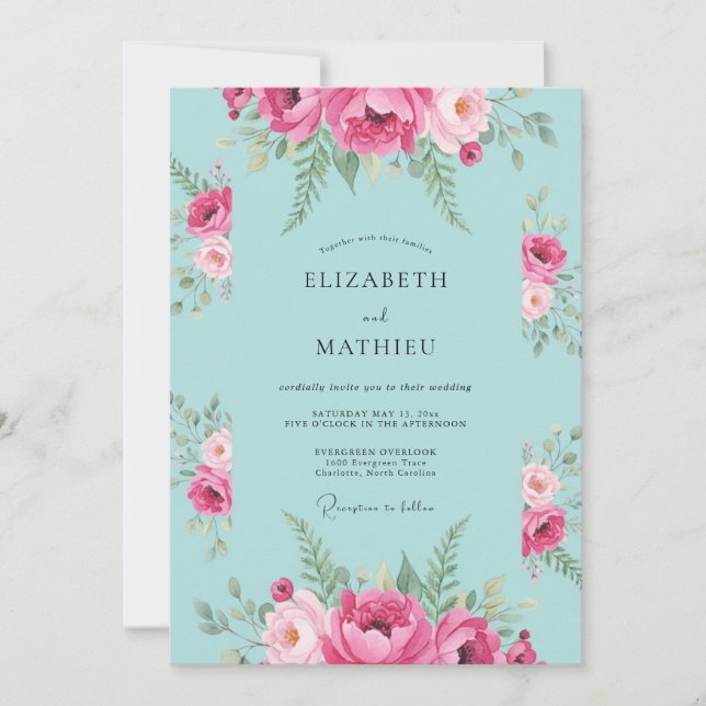 Aqua Magenta Leafy Wedding Invitation (Front)