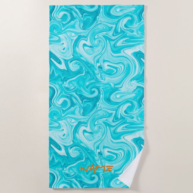 Aqua Marbled Paint NAME Orange Modern Surfer Water Beach Towel (Front)