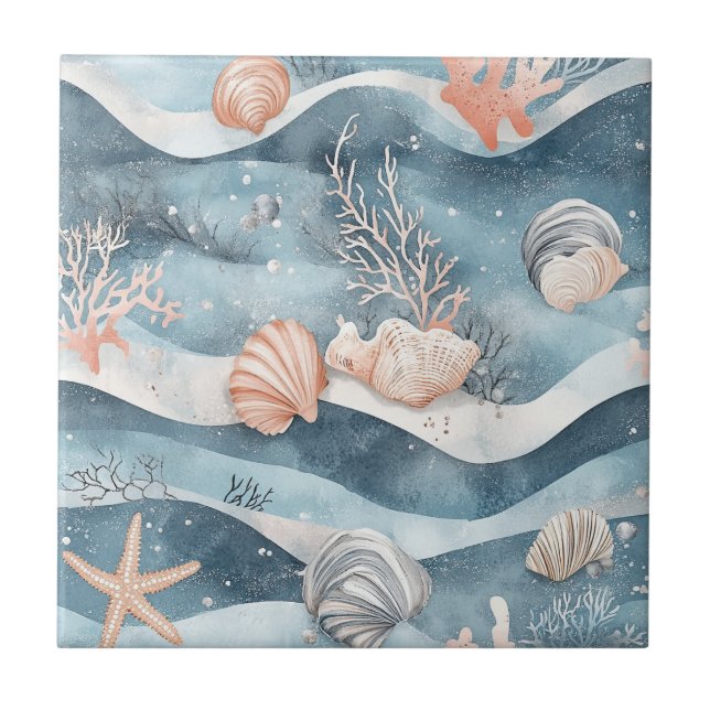 Aqua Marine Starfish Coral Pattern Ceramic Tile (Front)