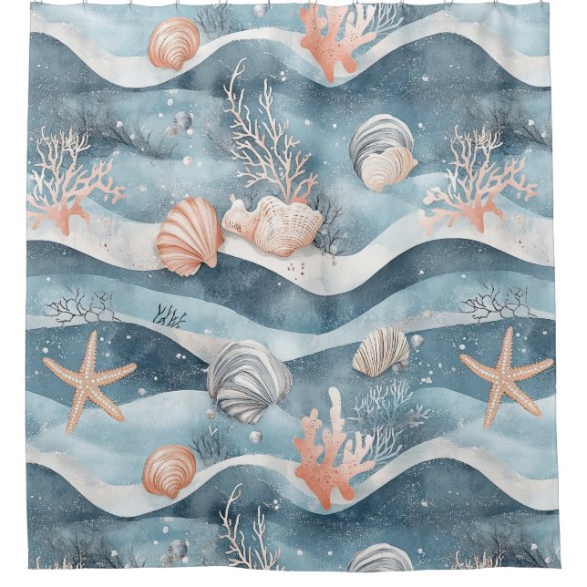 Aqua Marine Starfish Coral Pattern Shower Curtain (Front)