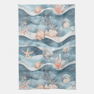 Aqua Marine Starfish Coral Pattern Tea Towel