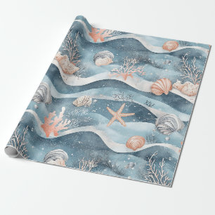 Aqua Marine Starfish Coral Pattern Wrapping Paper