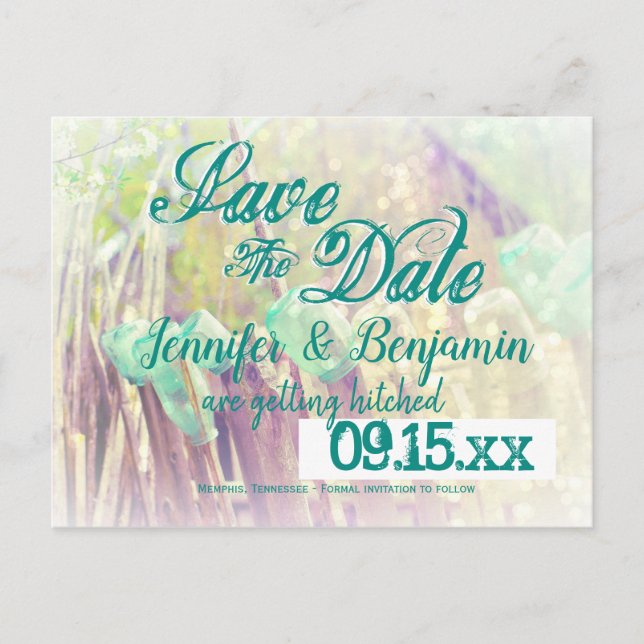 Aqua Mason Jars Fence Post Save the Date Postcards (Front)