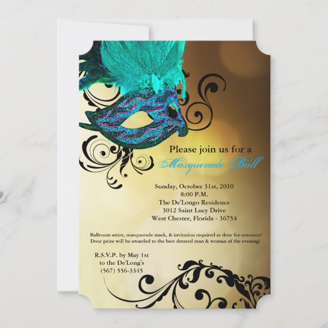 Aqua Masquerade Ball Mask Costume Halloween Part Invitation (Front)