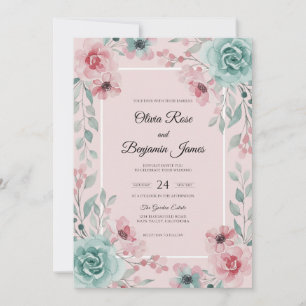 Aqua Mauve Blossom Wedding Invitation