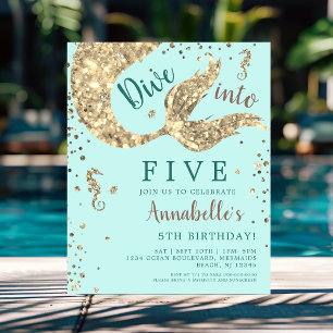 Aqua Mermaid 5th Birthday Budget Invitation