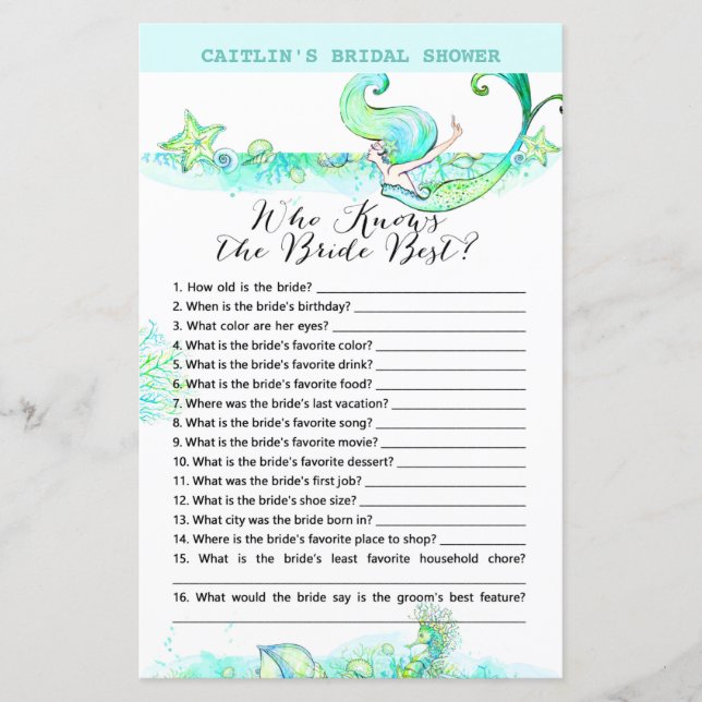 Aqua Mermaid Bridal Shower Game (Front)