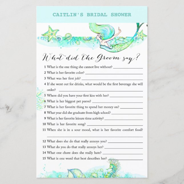 Aqua Mermaid Bridal Shower Game (Front)