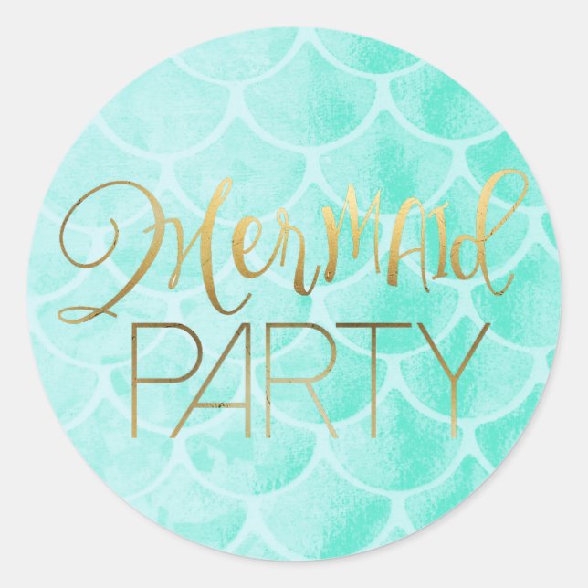 Aqua Mermaid Scales | Gold Typography Classic Round Sticker (Front)
