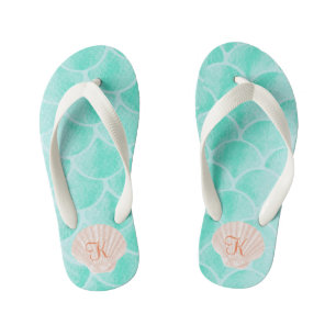 Aqua Mermaid Scales   Seashell Custom Initial Kid's Thongs