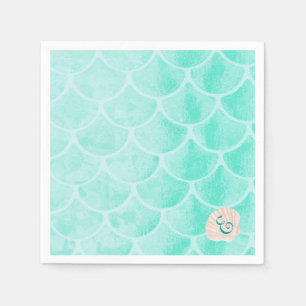 Aqua Mermaid Scales   Seashell   Custom Initial Napkin