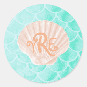 Aqua Mermaid Scales   Seashell Monogram Classic Round Sticker