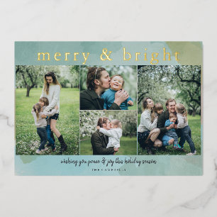 Aqua Merry and Bright Abstract Photo Collage  Foil Holiday Card