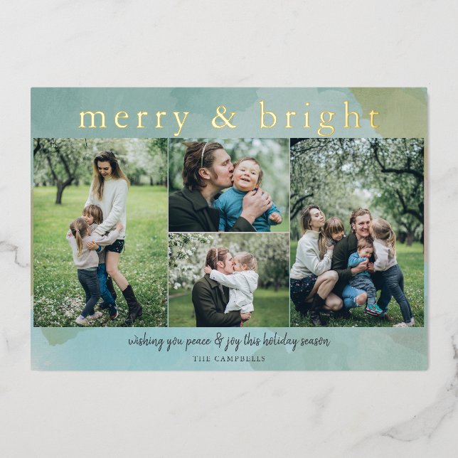 Aqua Merry and Bright Abstract Photo Collage  Foil Holiday Card (Front)
