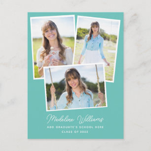 Aqua Minimalist Script Multi Photo Graduation Postcard