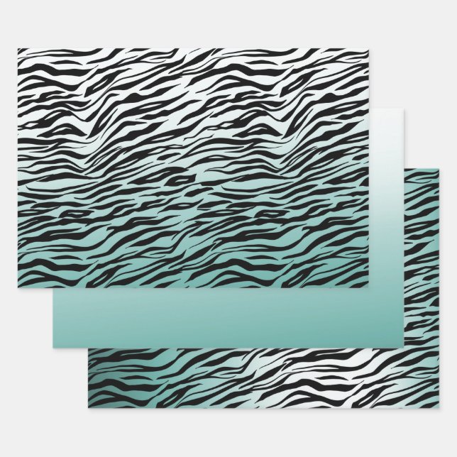 Aqua Mint Black Zebra Print Ombre Wrapping Paper Sheet (Set)