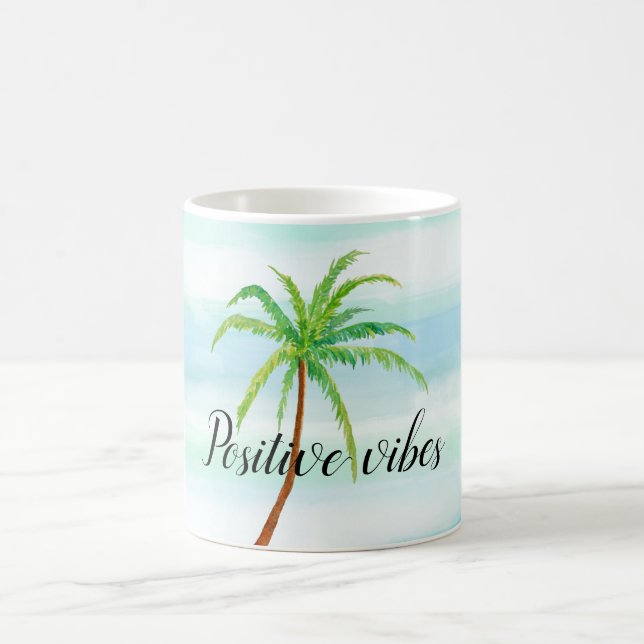 Aqua Mint Blue White Stripes Tropical Palm Tree    Coffee Mug (Center)
