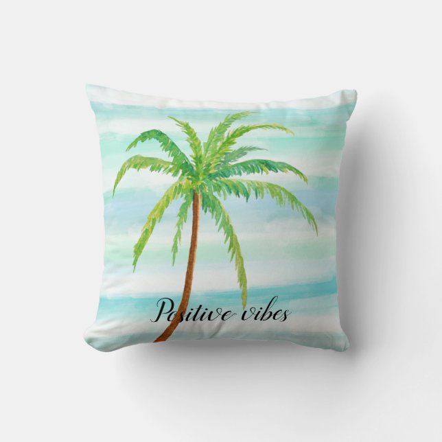 Aqua Mint Blue White Stripes Tropical Palm Tree    Cushion (Front)