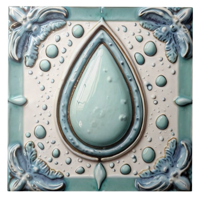 Aqua Mint Blue & White Water Drop Bathroom Ceramic Tile (Front)