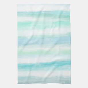 Aqua Mint Blue White Watercolor Stripes Tea Towel
